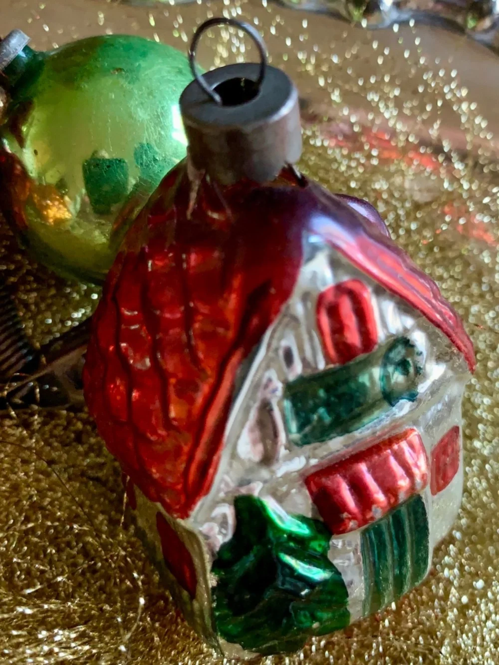 Vintage Glass House Ornament Red Roof Cottage | Mercury Glass Christmas Village
